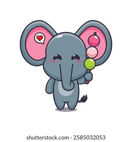 Cute elephant eating dango cartoon vector illustration. vector cartoon illustration suitable for poster, brochure, web, mascot, sticker, logo and icon.