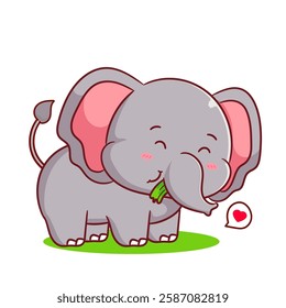 Cute elephant eating grass. Kawaii animal concept design. Vector art illustration.