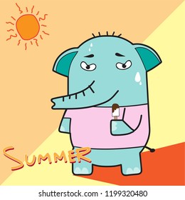 Cute elephant eating ice cream On a hot day. cartoon hand drawn vector illustration. Can be used for baby t-shirt print, fashion print design, greeting and invitation card.