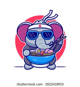 Cute Elephant Eating Japanese Food Cartoon Vector Icon Illustration. Animal Food Icon Concept Isolated Premium Vector. Flat Cartoon Style