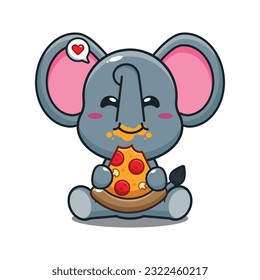 cute elephant eating pizza cartoon vector illustration.