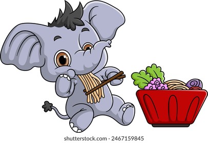 Cute Elephant Eating Ramen Bowl With Chopstick of illustration