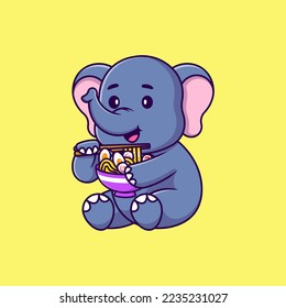 Cute Elephant Eating Ramen Noodle Cartoon Vector Icons Illustration. Flat Cartoon Concept. Suitable for any creative project.
