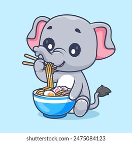 Cute Elephant Eating Ramen Noodle With Chopstick Cartoon Vector Icon Illustration. Animal Food Icon Concept Isolated Premium Vector. Flat Cartoon Style