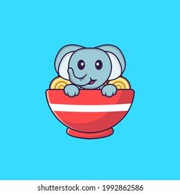 Cute elephant eating ramen noodles. Animal cartoon concept isolated. Can used for t-shirt, greeting card, invitation card or mascot.