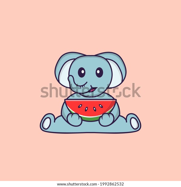 Cute Elephant Eating Watermelon Animal Cartoon Stock Vector (Royalty