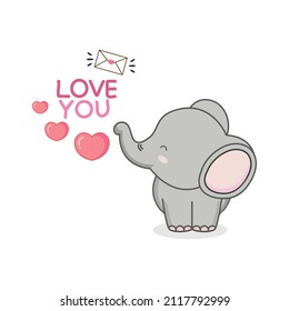 Cute Elephant with envelope and heart. Valentines day greeting card.