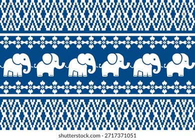 Padrão étnico de elefante bonito inspirado na arte popular asiática, listras ornamentais geométricas em azul e branco, design de vetor sem costura perfeito para tecido, papel de parede, fundo e impressão têxtil.