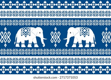 Padrão étnico de elefante bonito inspirado na arte popular asiática, listras ornamentais geométricas em azul e branco, design de vetor sem costura perfeito para tecido, papel de parede, fundo e impressão têxtil.