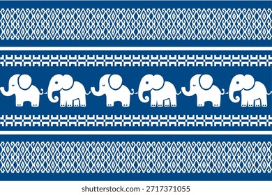Padrão étnico de elefante bonito inspirado na arte popular asiática, listras ornamentais geométricas em azul e branco, design de vetor sem costura perfeito para tecido, papel de parede, fundo e impressão têxtil.