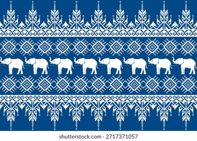 Padrão étnico de elefante bonito inspirado na arte popular asiática, listras ornamentais geométricas em azul e branco, design de vetor sem costura perfeito para tecido, papel de parede, fundo e impressão têxtil.