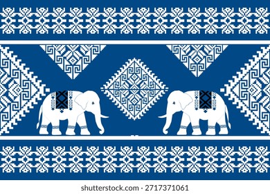 Padrão étnico de elefante bonito inspirado na arte popular asiática, listras ornamentais geométricas em azul e branco, design de vetor sem costura perfeito para tecido, papel de parede, fundo e impressão têxtil.