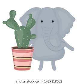 cute elephant with exotic cactus in ceramic pot