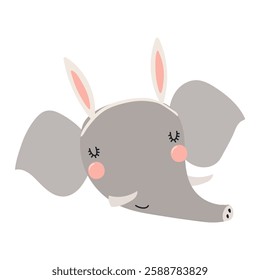 Cute elephant face with Easter bunny ears character illustration. Hand drawn flat style design, isolated vector. Holiday clip art, seasonal card, banner, poster, kids print element