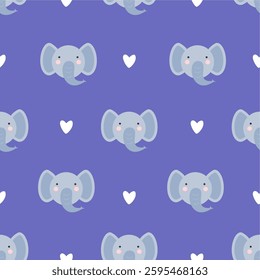 Cute elephant face with heart symbol. seamless pattern for posters, wrapping paper, kids t-shirt, with Navy background. Flat design