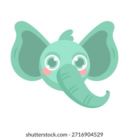 Icono lindo de la cara del elefante en estilo plano de la historieta. Personaje animal simple ideal para el diseño de niños, pegatinas, App, juegos, contenido educativo e ilustraciones de vivero.