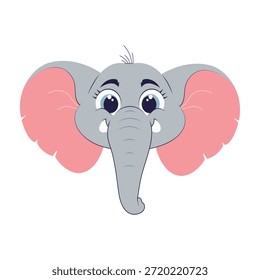Linda ilustración de cara de elefante en estilo de dibujos animados planos. Adorable carácter animal con ojos grandes, perfecto para los diseños de los niños, decoración de la guardería, pegatinas, logotipos, e ilustraciones de los niños.