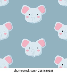 Cute Elephant Face Seamless Pattern, Muzzle, Head.   Cartoon Vector Illustration. Kid Texture, Background, Wallpapers, Ornament. Childish Design Of Wrapping Paper, Fabric, Textile, Print