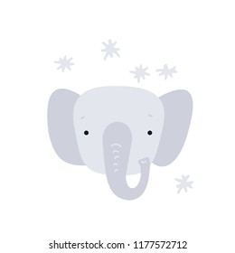 Cute elephant face witn. snowflakes. Vector cartoon illustration. 