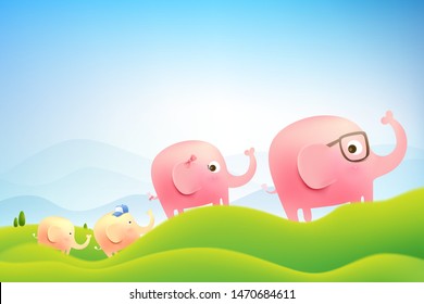 Cute elephant family cartoon walking on the green field metaphor the love and take care of the family relationship with copy space