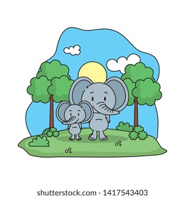 cute elephant family in the landscape