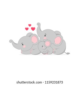 Cute elephant family with a little elephant in the middle. Vector Illustration.