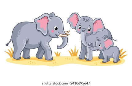 Cute elephant family on a white background. Vector illustration with cute African animals in cartoon style. A baby elephant stands with its parents.