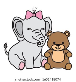 cute elephant female with bear isolated icon vector illustration design