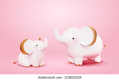 Cute Elephant figurines. 3D Illustration of two white elephants raising their trunks with gold ears, paws, and tails. Decorations made of porcelain