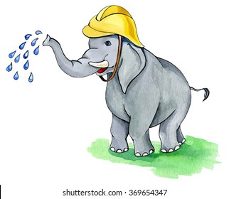 Cute elephant firefighter. Watercolor painting.