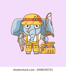 Lindo elefante pescador animal de pesca chibi personaje mascota icono línea plana arte estilo ilustración concepto conjunto de dibujos animados