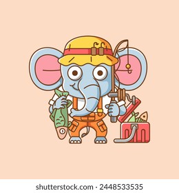 Lindo elefante pescador animal de pesca chibi personaje mascota icono línea plana arte estilo ilustración concepto conjunto de dibujos animados