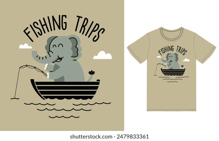 Cute elephant fishing illustration with tshirt design premium vector the Concept of Isolated Technology. Flat Cartoon Style Suitable for Landing Web Pages,T shirt, Flyers, Stickers