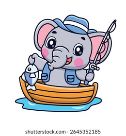 Cute Elephant Fishing On Boat Cartoon Vector Icon Illustration. Animal Sports Icon Concept Isolated Premium Vector. Flat Cartoon Style