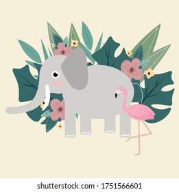 Cute elephant and flamingos on a background of tropical greenery. Suitable for wallpaper or textile. Childish illustration made in vector.