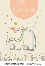 Cute elephant flies on a balloon. cartoon hand drawn vector illustration. Can be used for baby t-shirt print, fashion print design, kids wear, baby shower celebration greeting and invitation card.