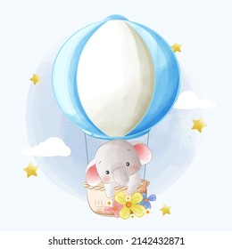 Cute elephant floating on hot air balloon cartoon illustration