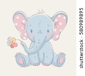 Cute elephant with a flower cartoon hand drawn vector illustration. Can be used for t-shirt print, kids wear fashion design, baby shower invitation card.