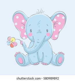 Cute elephant with a flower cartoon hand drawn vector illustration. Can be used for t-shirt print, kids wear fashion design, baby shower invitation card.