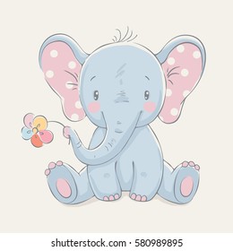 Cute elephant with a flower cartoon hand drawn vector illustration. Can be used for t-shirt print, kids wear fashion design, baby shower invitation card.