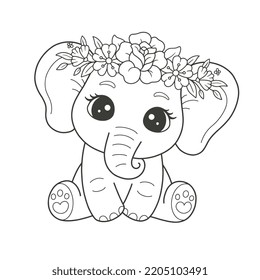 Cute elephant in a flower crown hand drawn coloring page