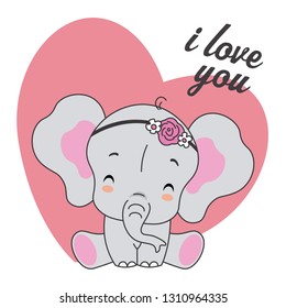 cute elephant with flower headband and heart background