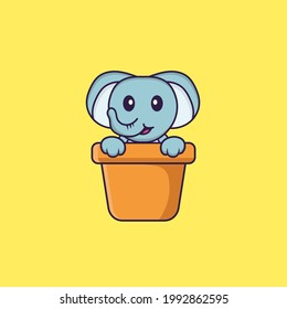 Cute elephant in a flower vase. Animal cartoon concept isolated. Can used for t-shirt, greeting card, invitation card or mascot. Flat Cartoon Style