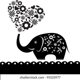 cute elephant with flowers. Heart card. Vector illustration.