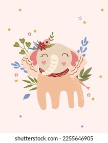 Cute elephant with flowers on head, leaves and stars around. Boho illustration suitable for posters, cards, banners, posters. Vector illustration.