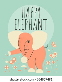 Cute elephant with flowers and plants greeting card