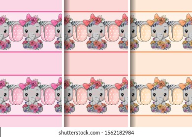 cute elephant with flowers seamless pattern. Design for party card, print, poster. Pet vector illustration.