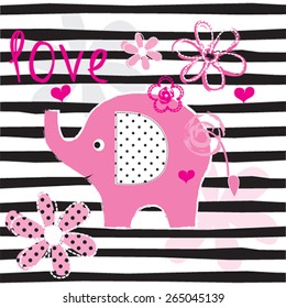 cute elephant with flowers, striped background vector illustration