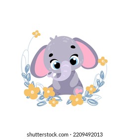 Cute elephant with flowers. Vector print for children room, fabric, paper, greeting card, postcard, card, t shirt, poster, textile. Vector illustration. Happy birthday card. 