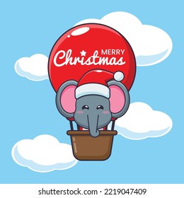 Cute elephant fly with air balloon. Cute christmas cartoon illustration.